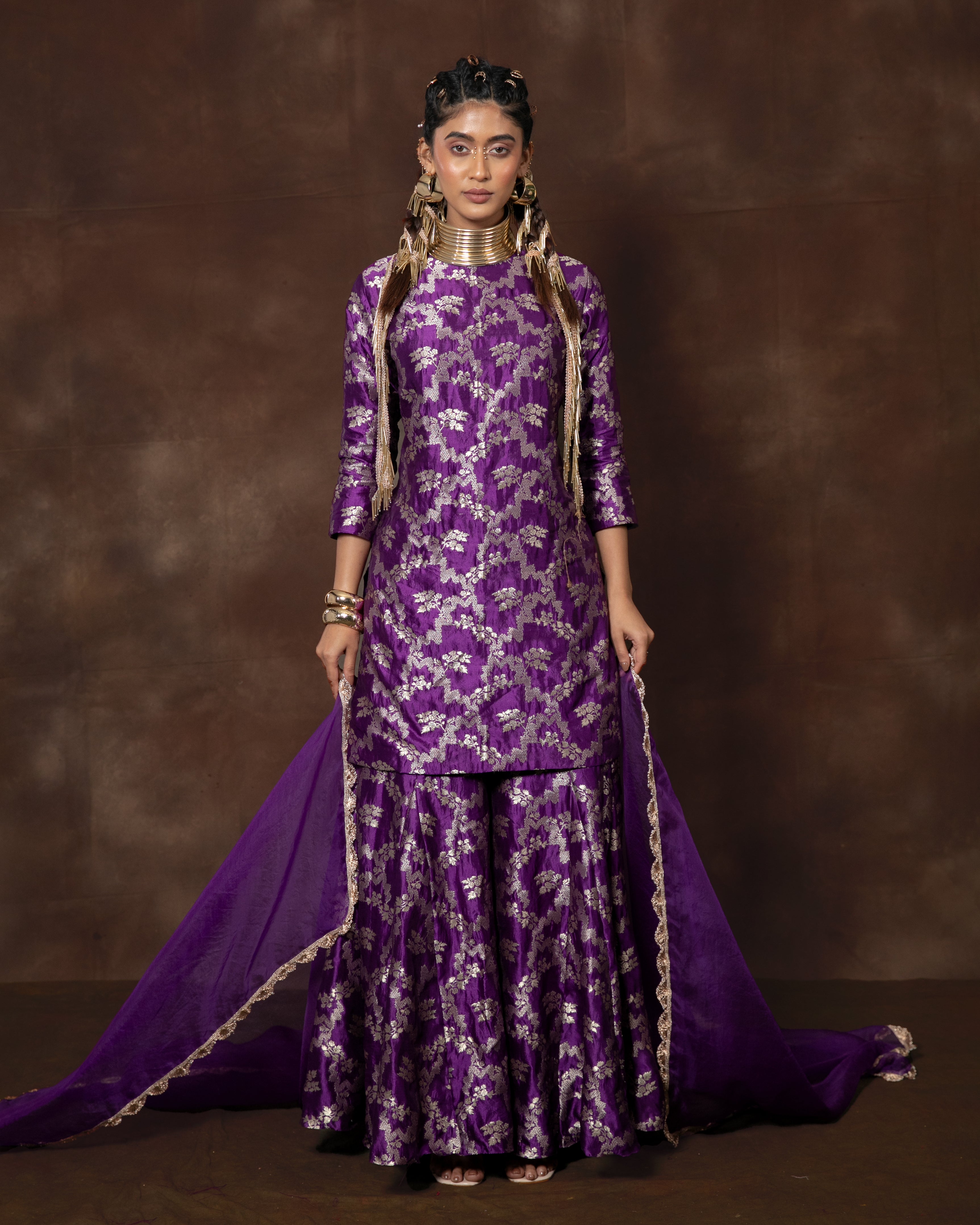 Purple Handwoven Banarasi Summer Silk Kurta Sharara Set