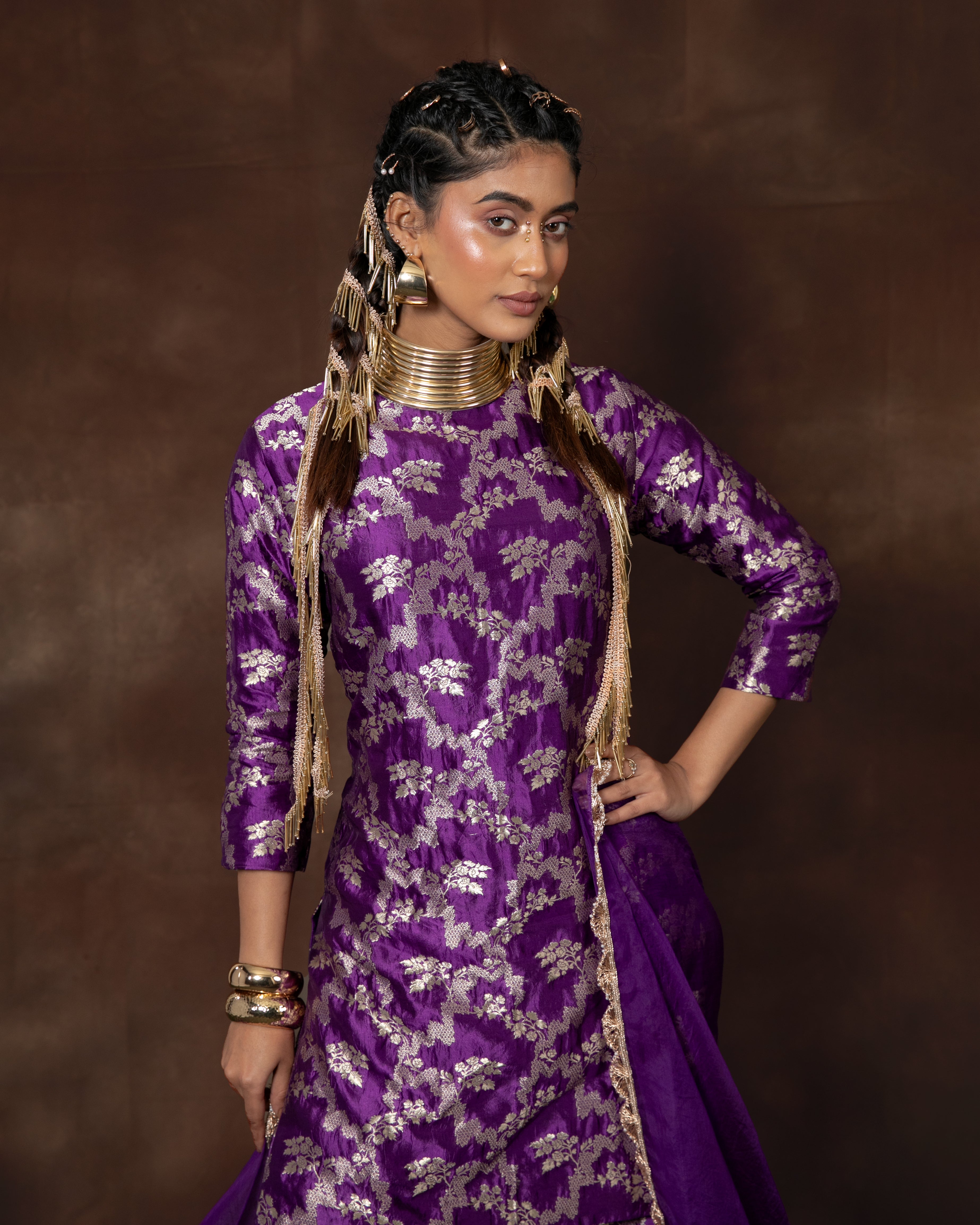 Purple Handwoven Banarasi Summer Silk Kurta Sharara Set