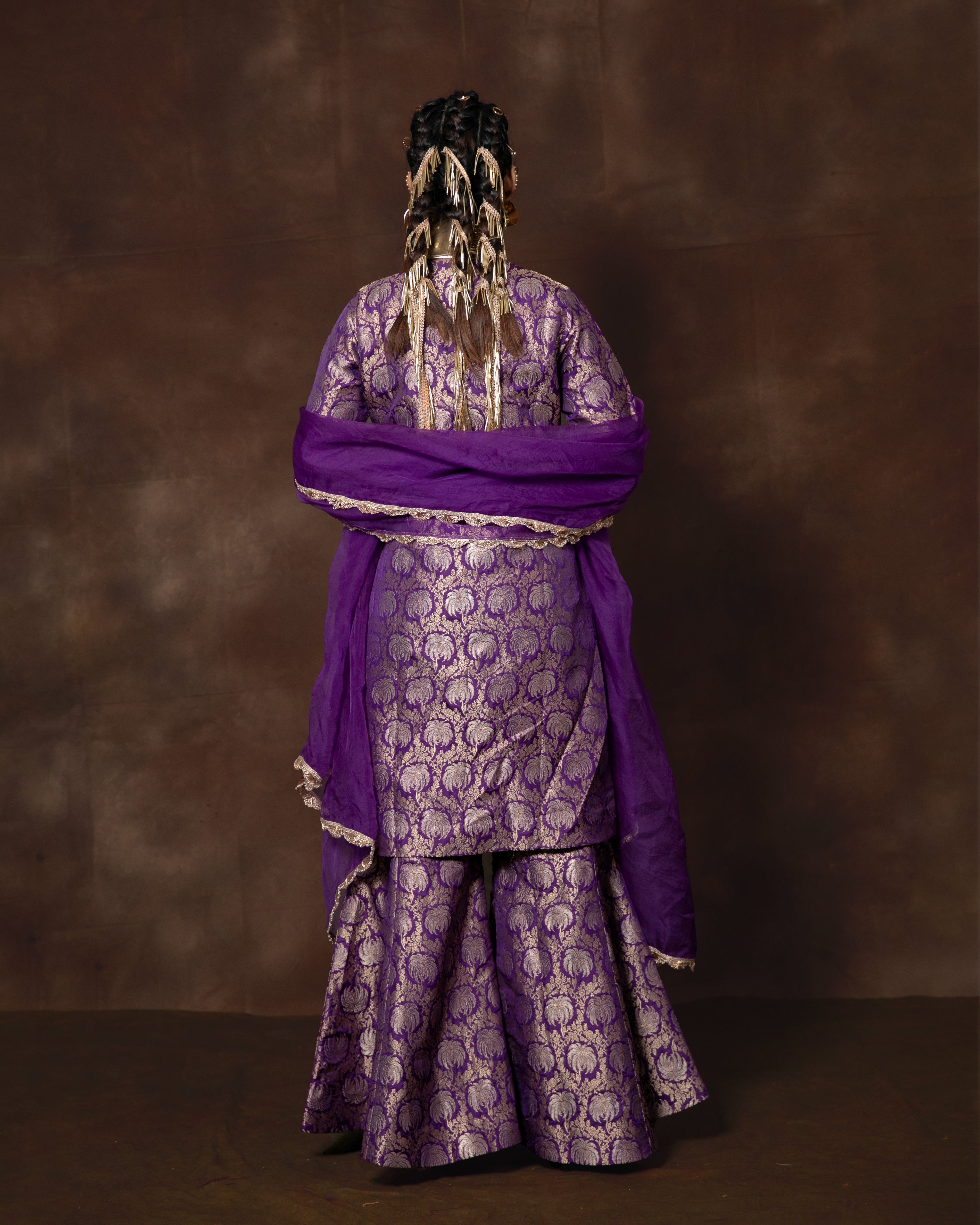 Purple Handwoven Banarasi Silk Kurta Garara Set