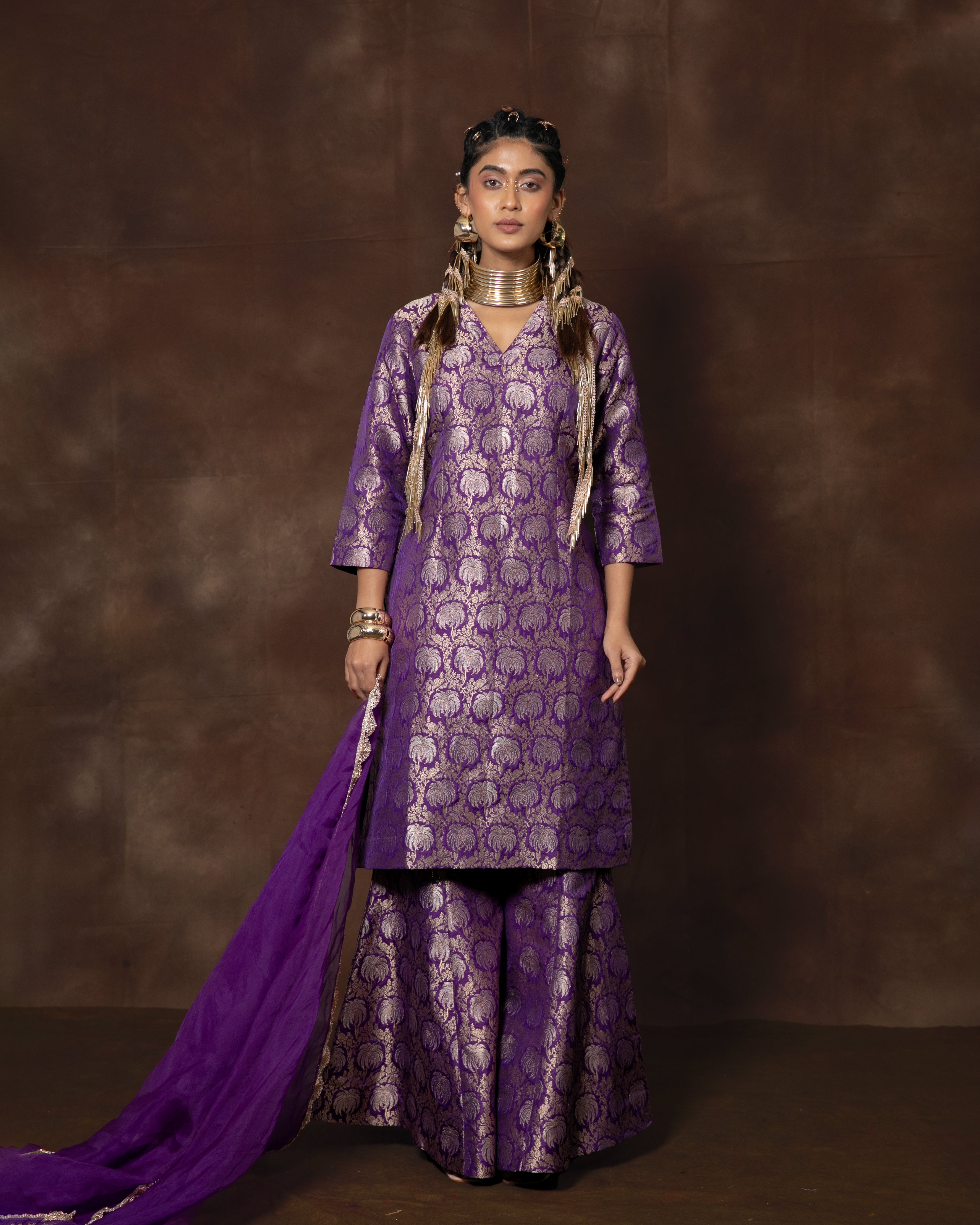 Purple Handwoven Banarasi Silk Kurta Garara Set