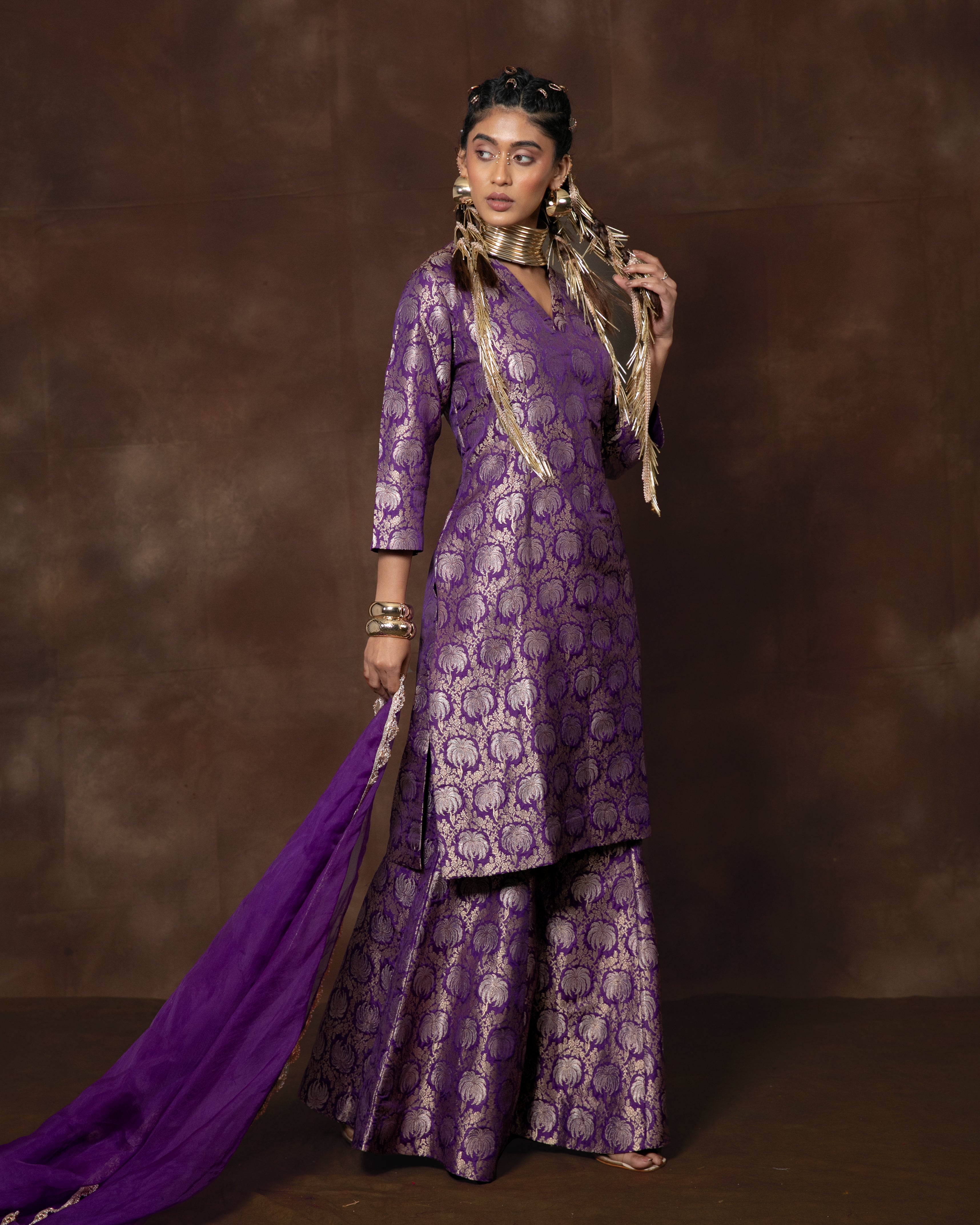 Purple Handwoven Banarasi Silk Kurta Garara Set