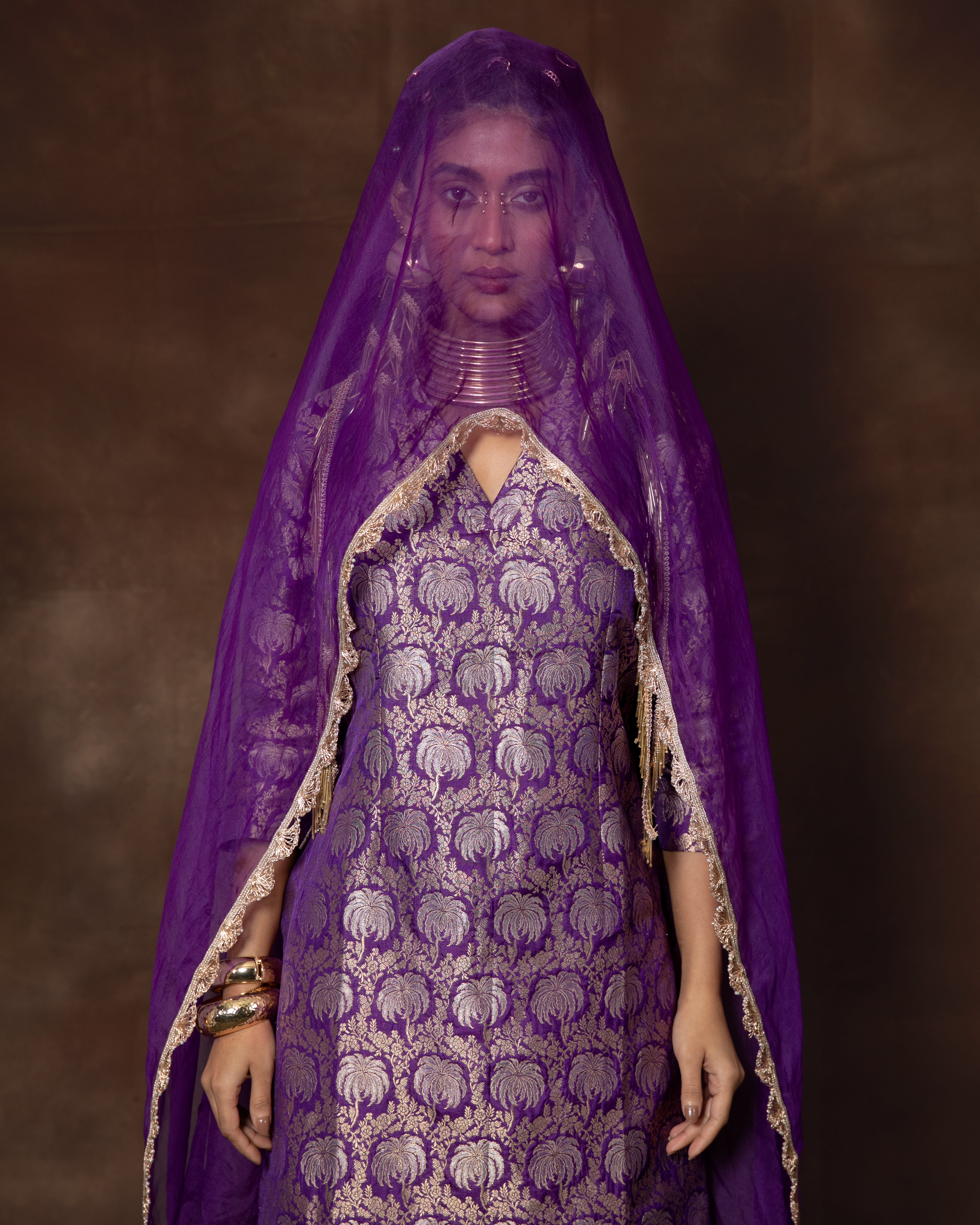 Purple Handwoven Banarasi Silk Kurta Garara Set