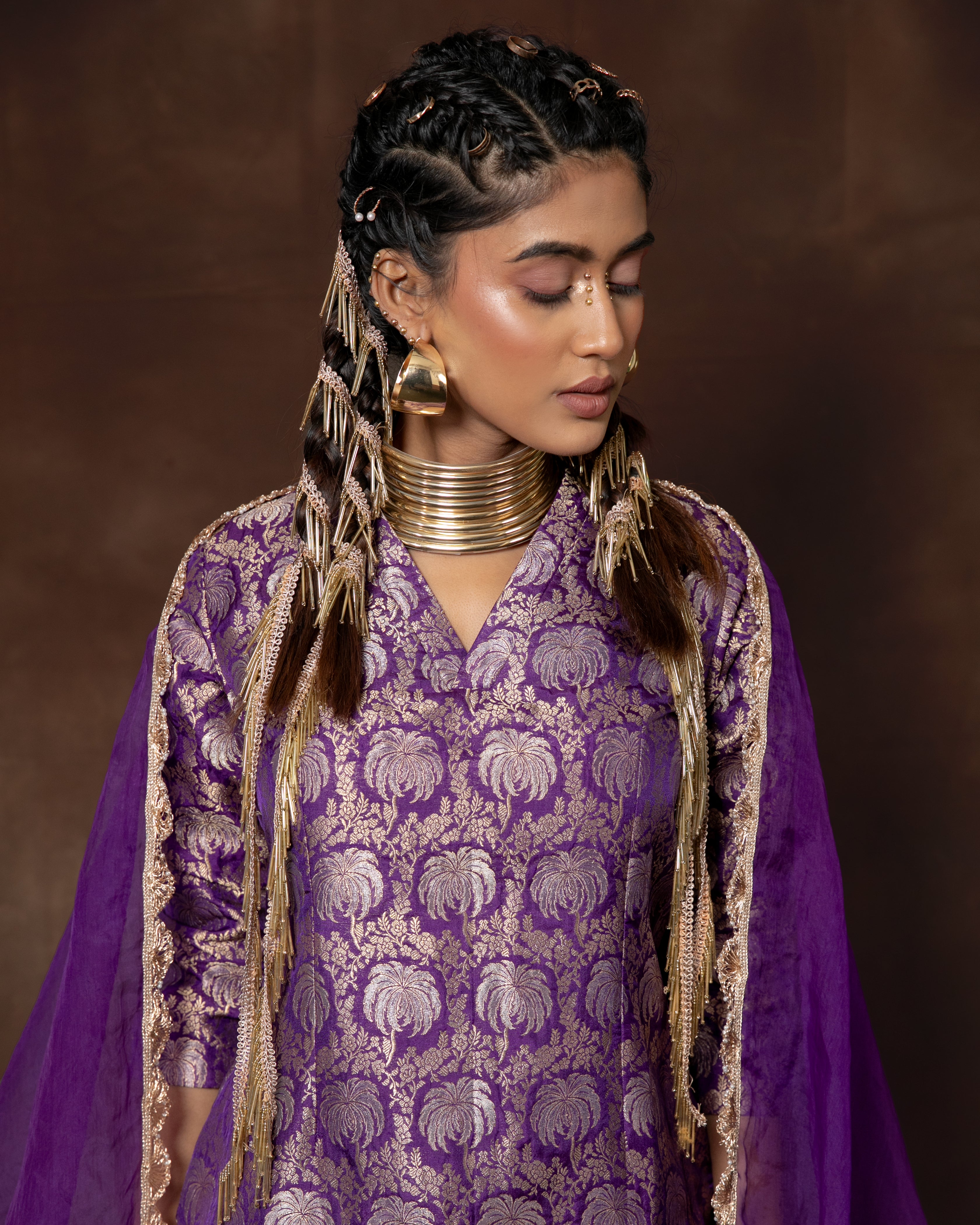 Purple Handwoven Banarasi Silk Kurta Garara Set