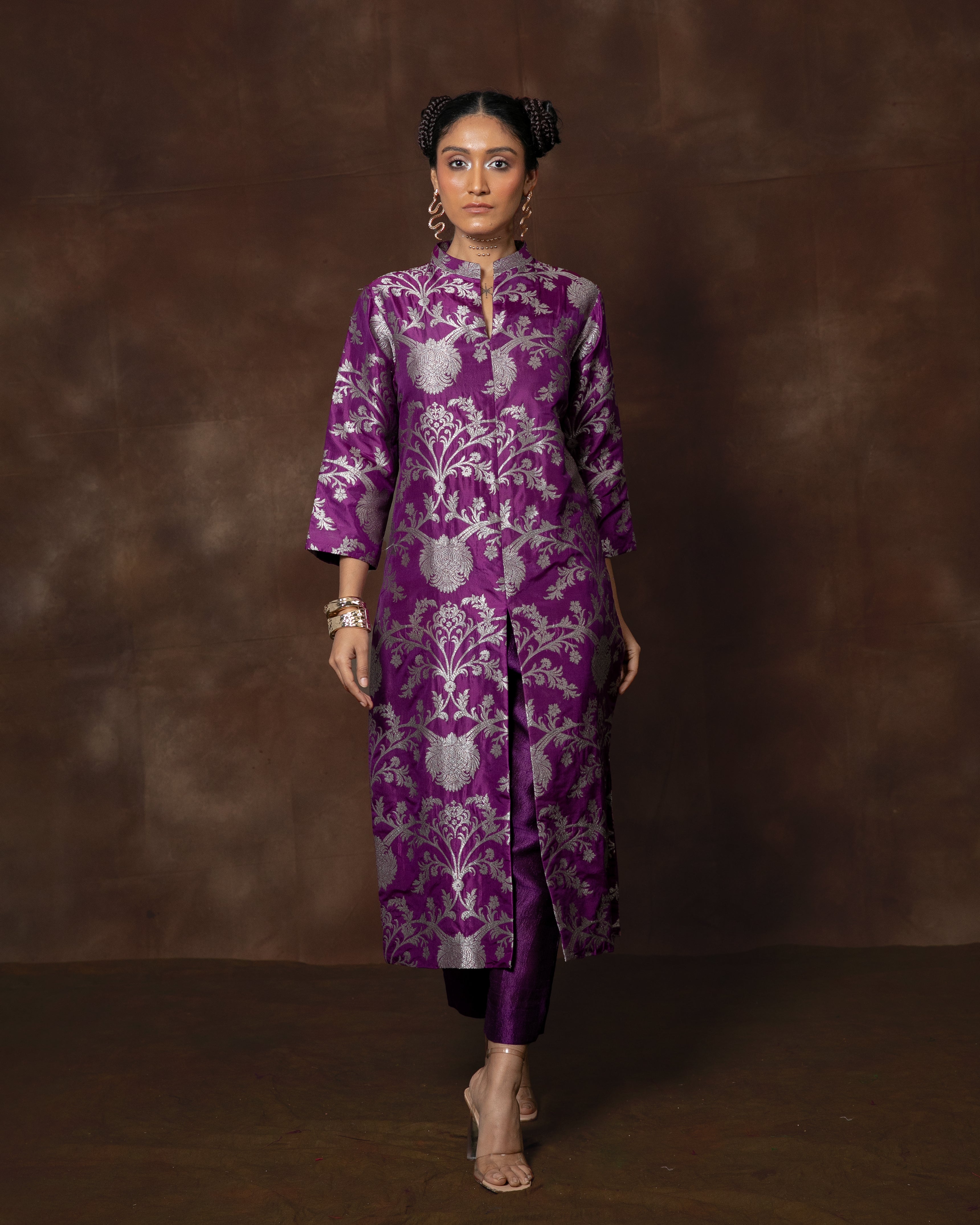 Purple Handwoven Banarasi Silk Kurta Set