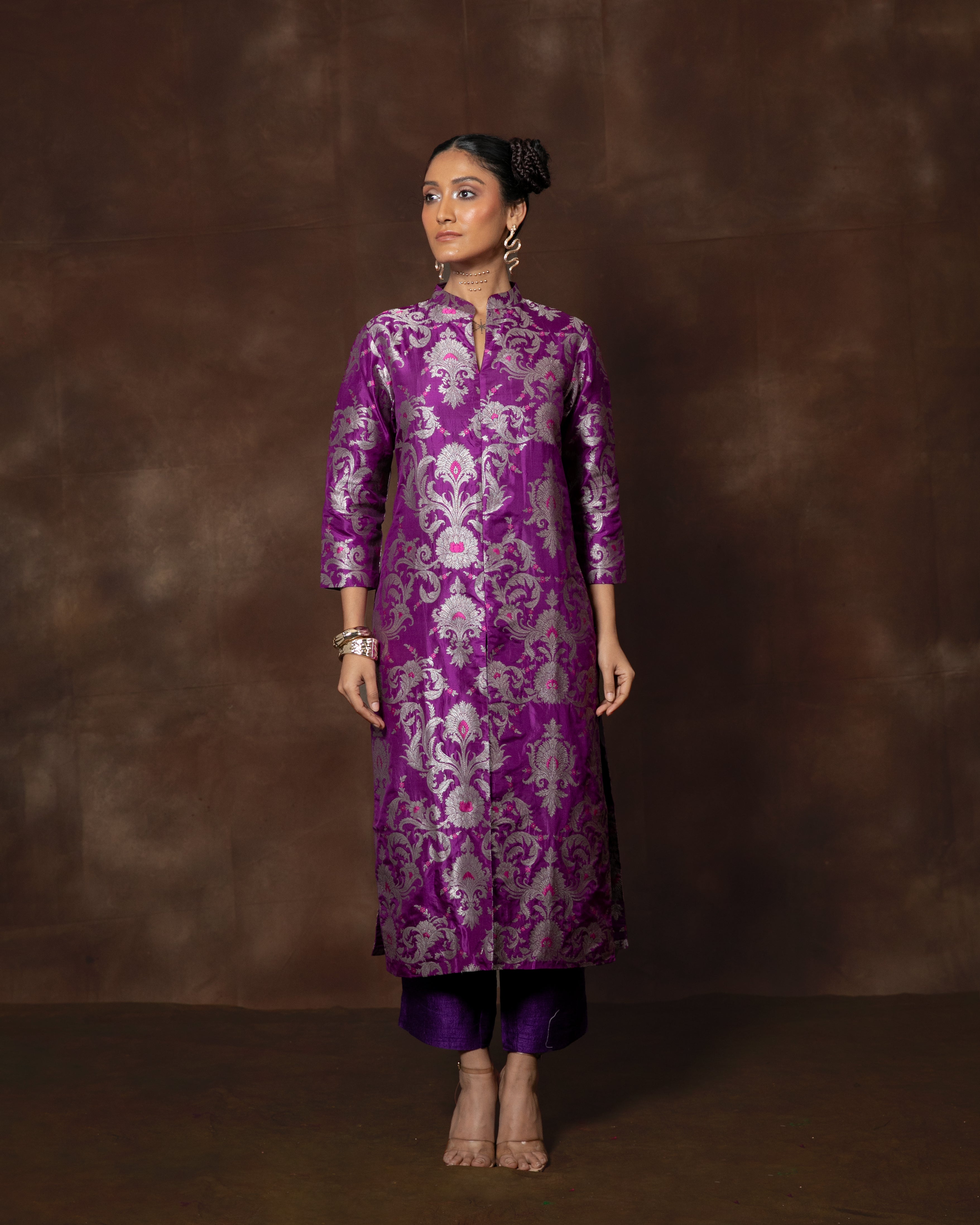 Purple Handwoven Banarasi Silk Kurta Set