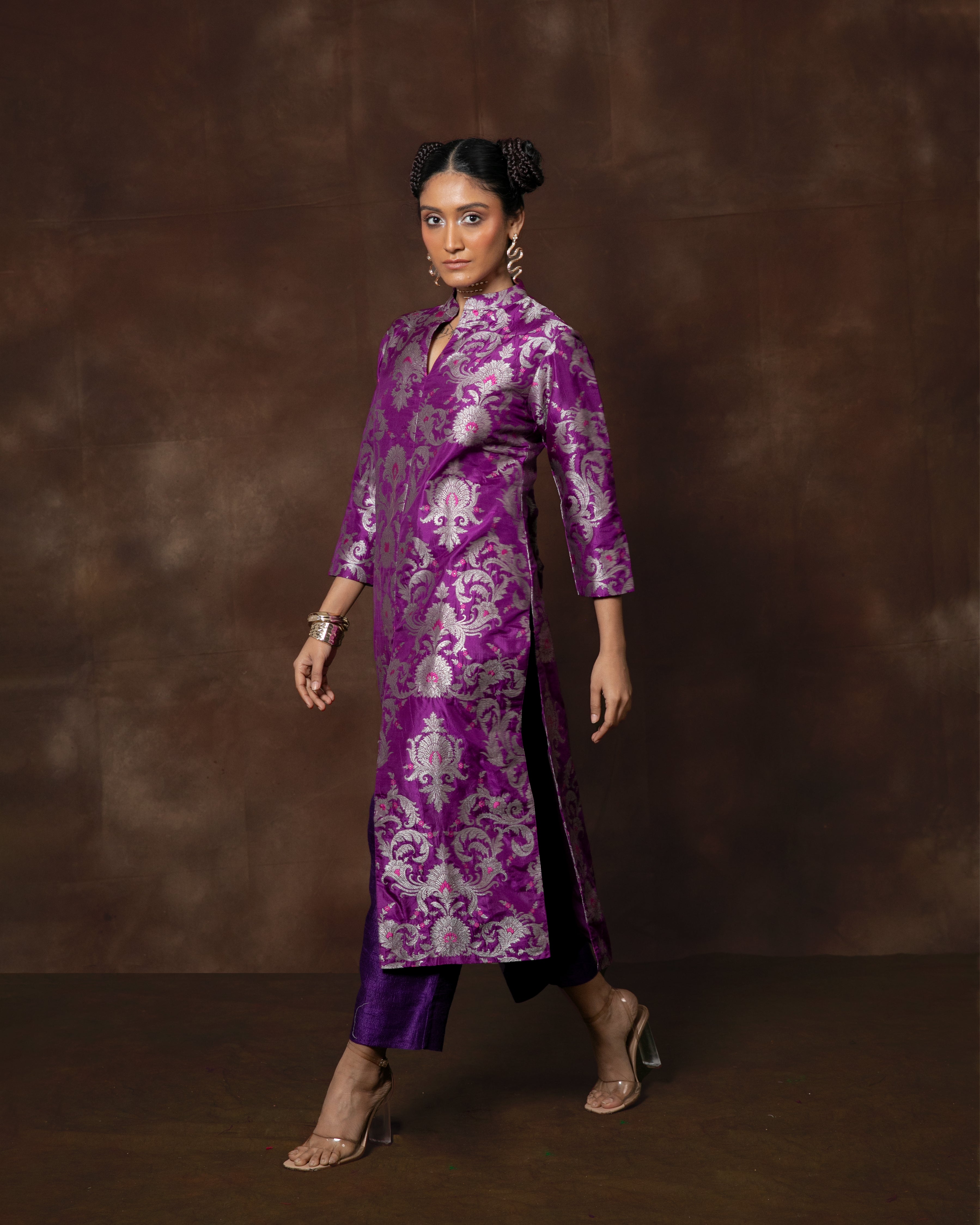 Purple Handwoven Banarasi Silk Kurta Set