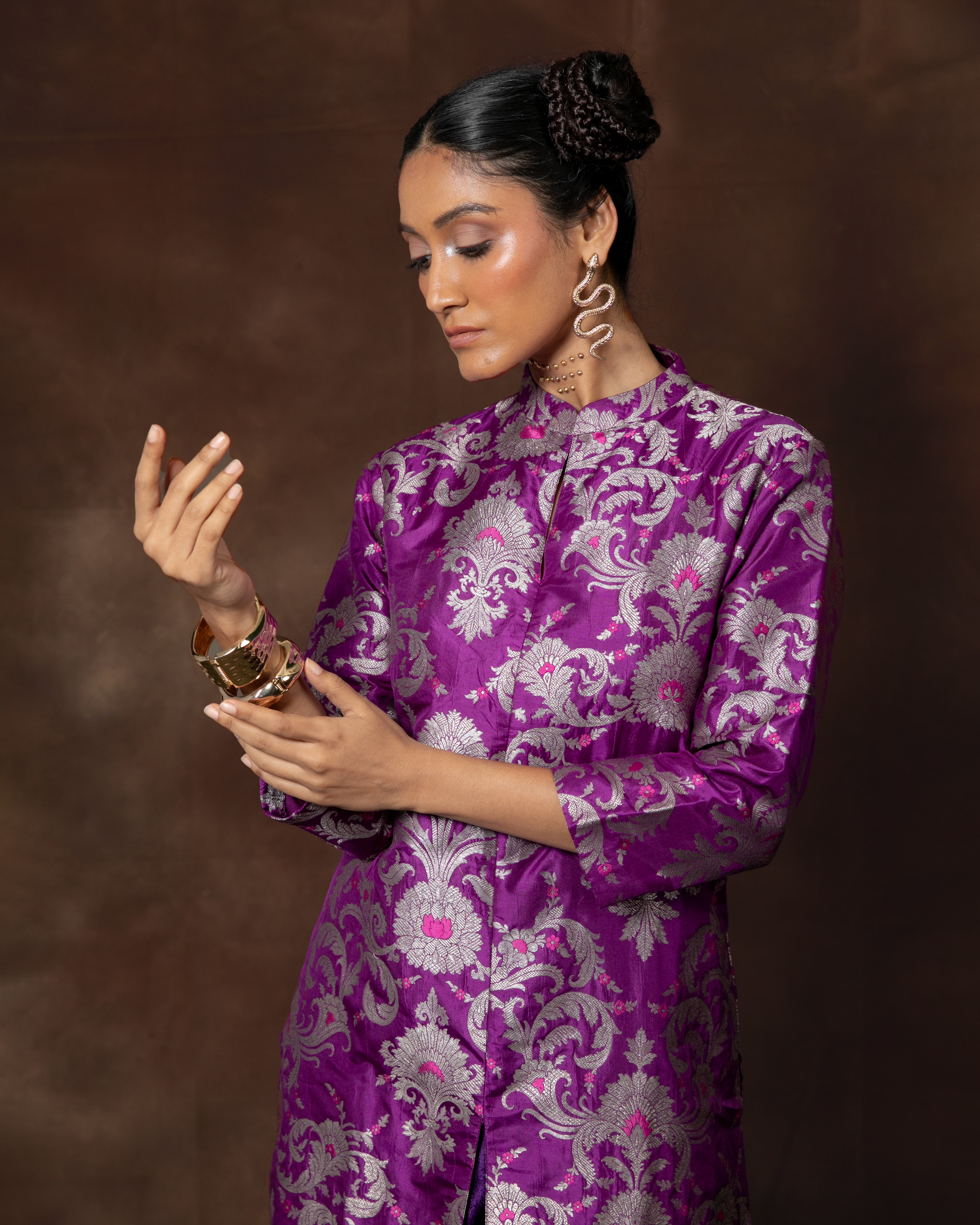 Purple Handwoven Banarasi Silk Kurta Set