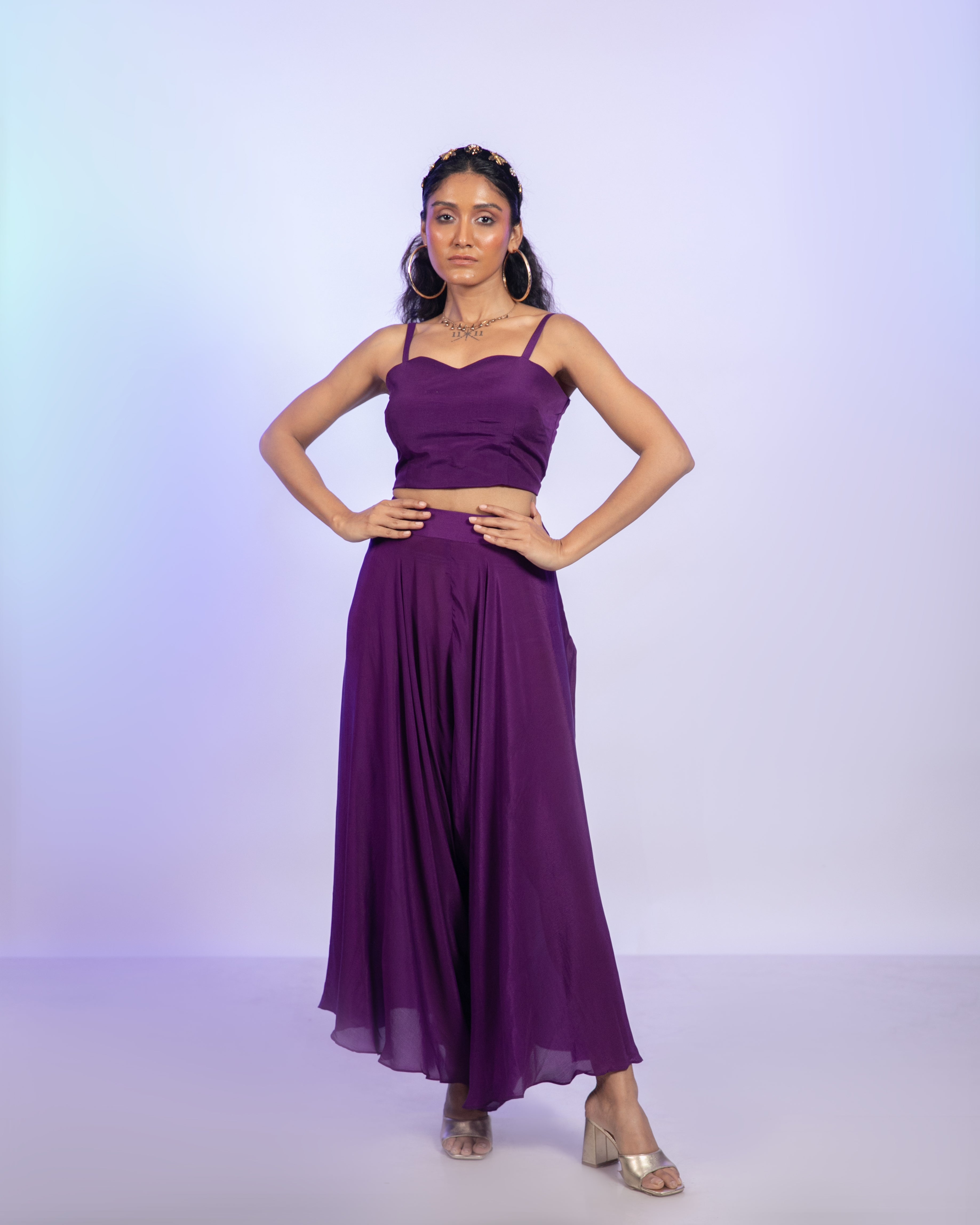 Purple Crepe Corset With Draped Pants Co-Ord Set