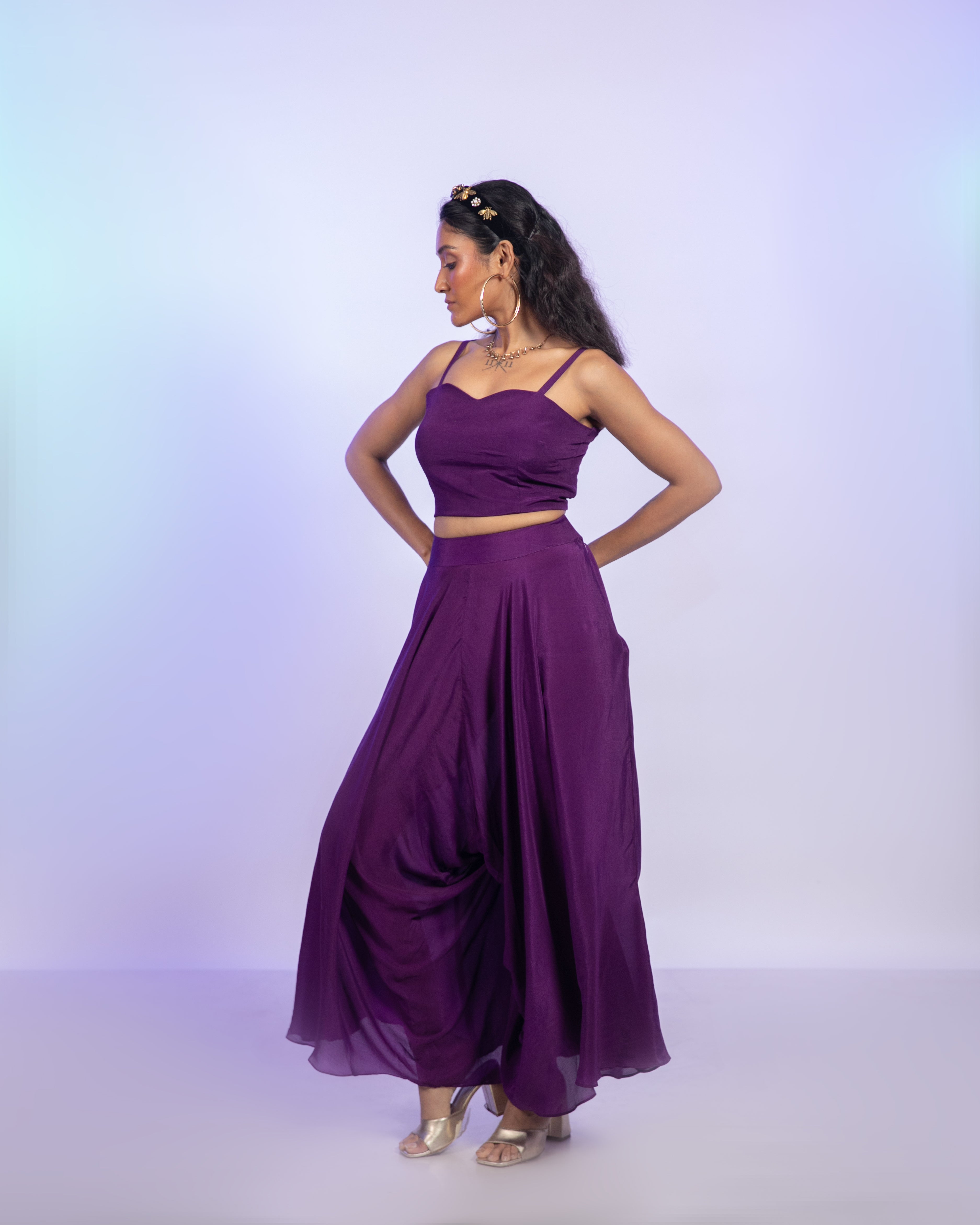 Purple Crepe Corset With Draped Pants Co-Ord Set