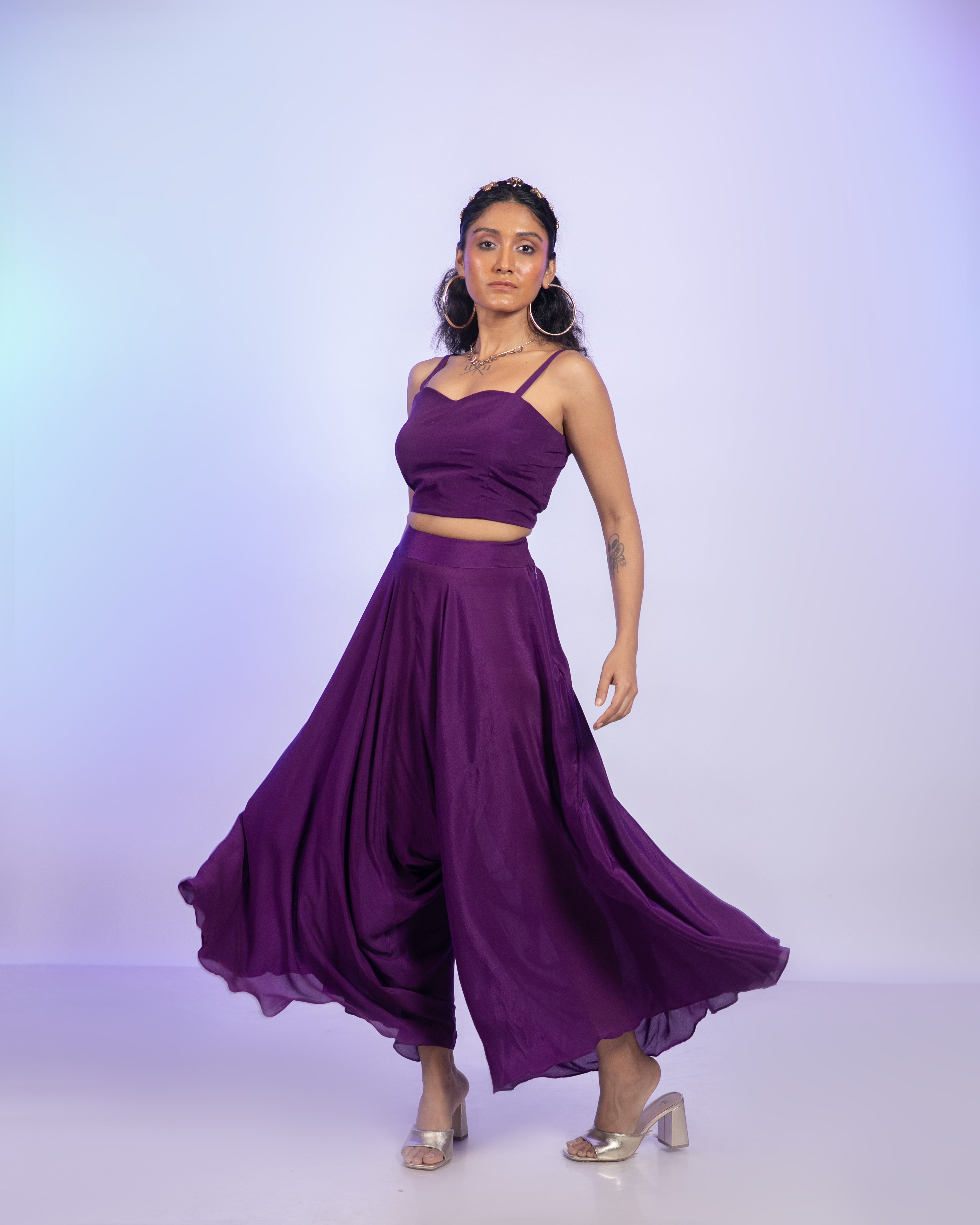Purple Crepe Corset With Draped Pants Co-Ord Set