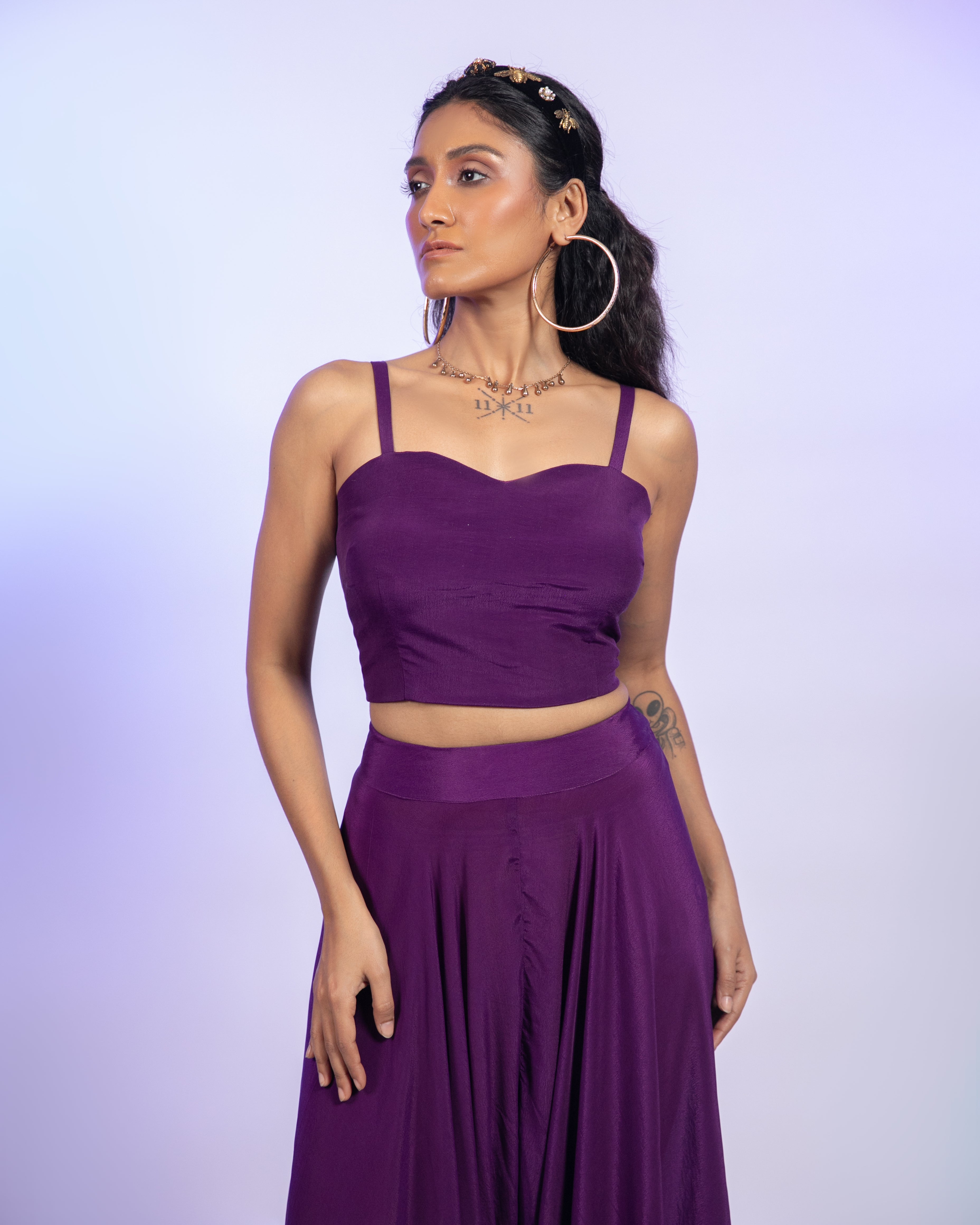 Purple Crepe Corset With Draped Pants Co-Ord Set