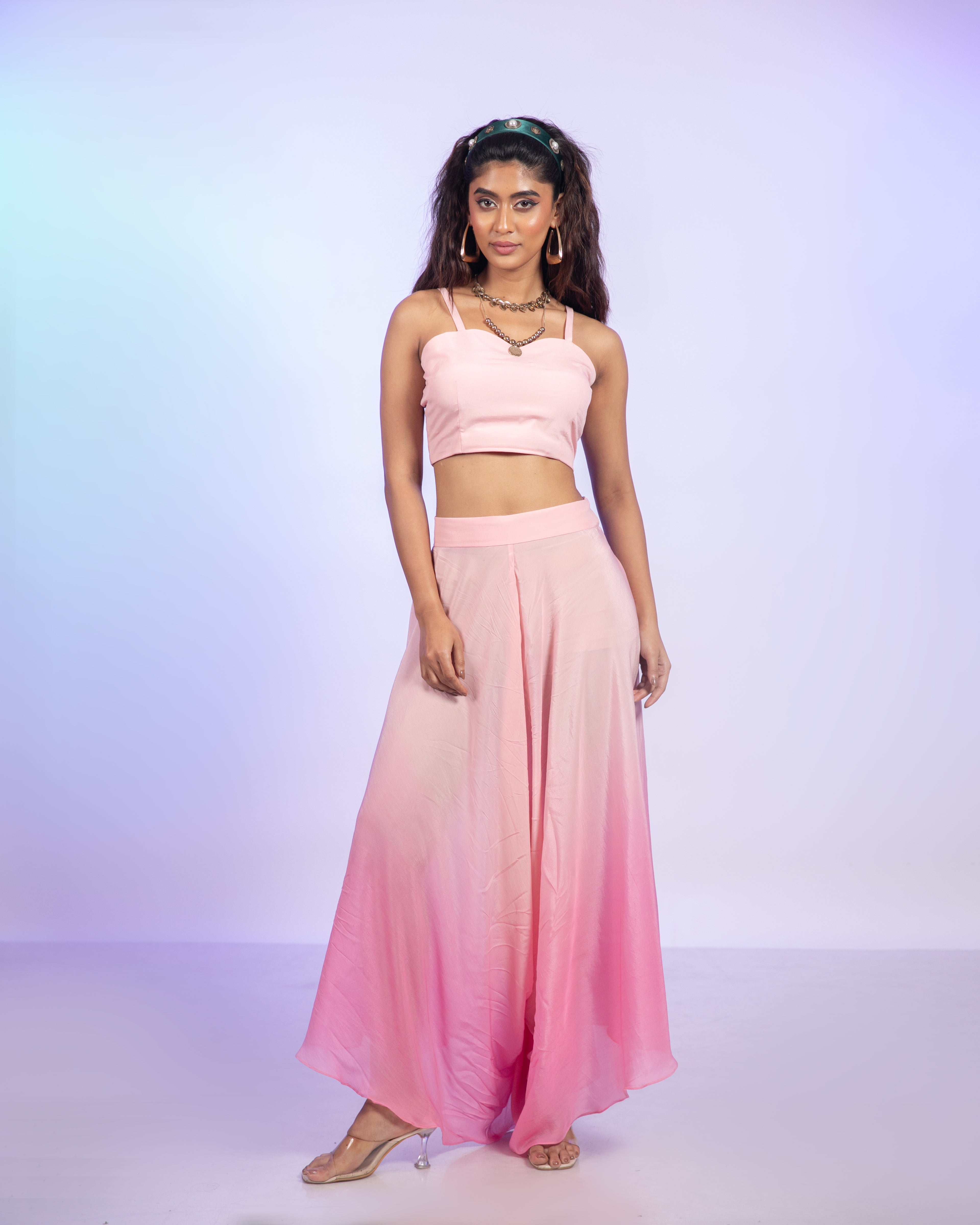 Pink Crepe Corset With Draped Pants Co-Ord Set