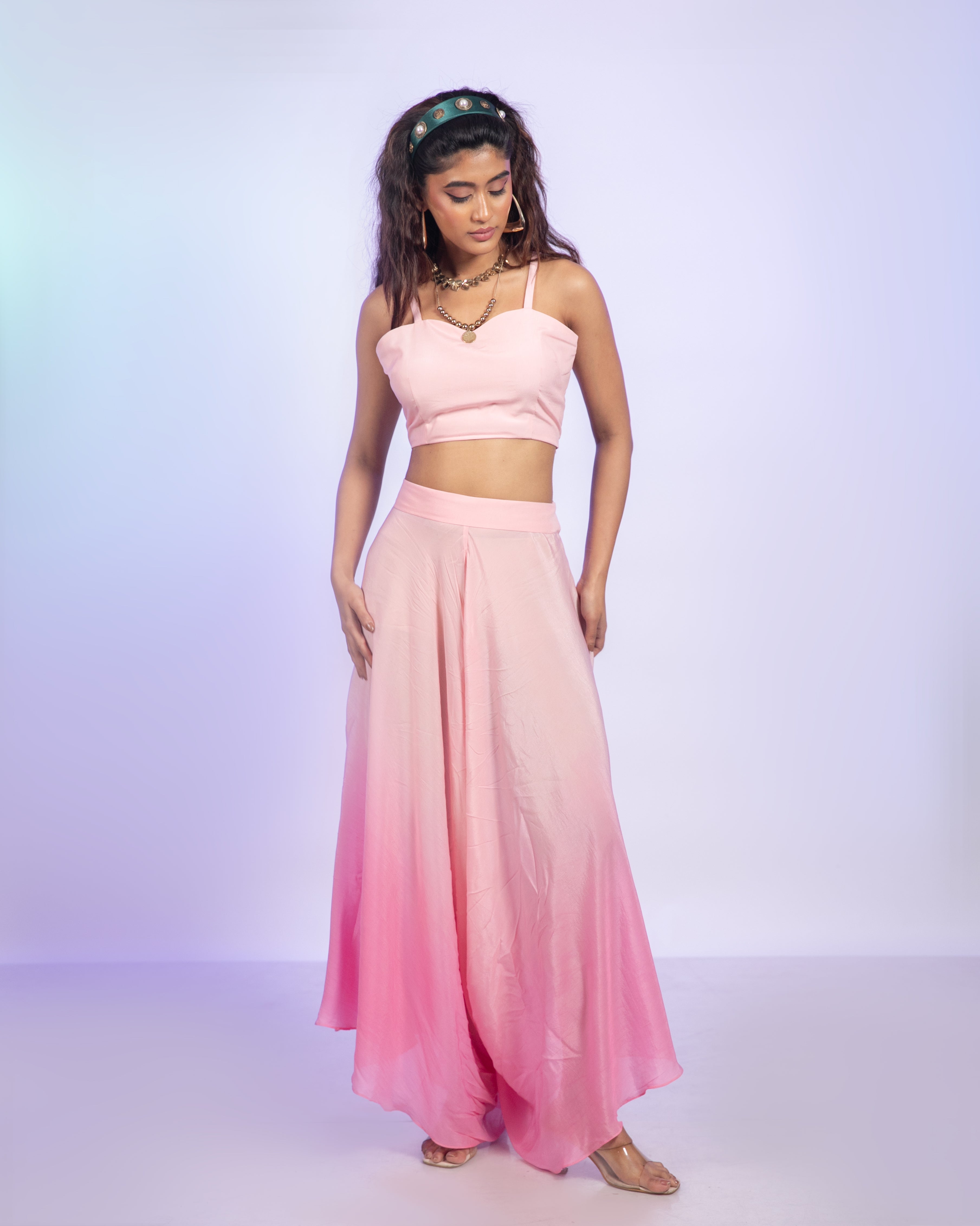 Pink Crepe Corset With Draped Pants Co-Ord Set