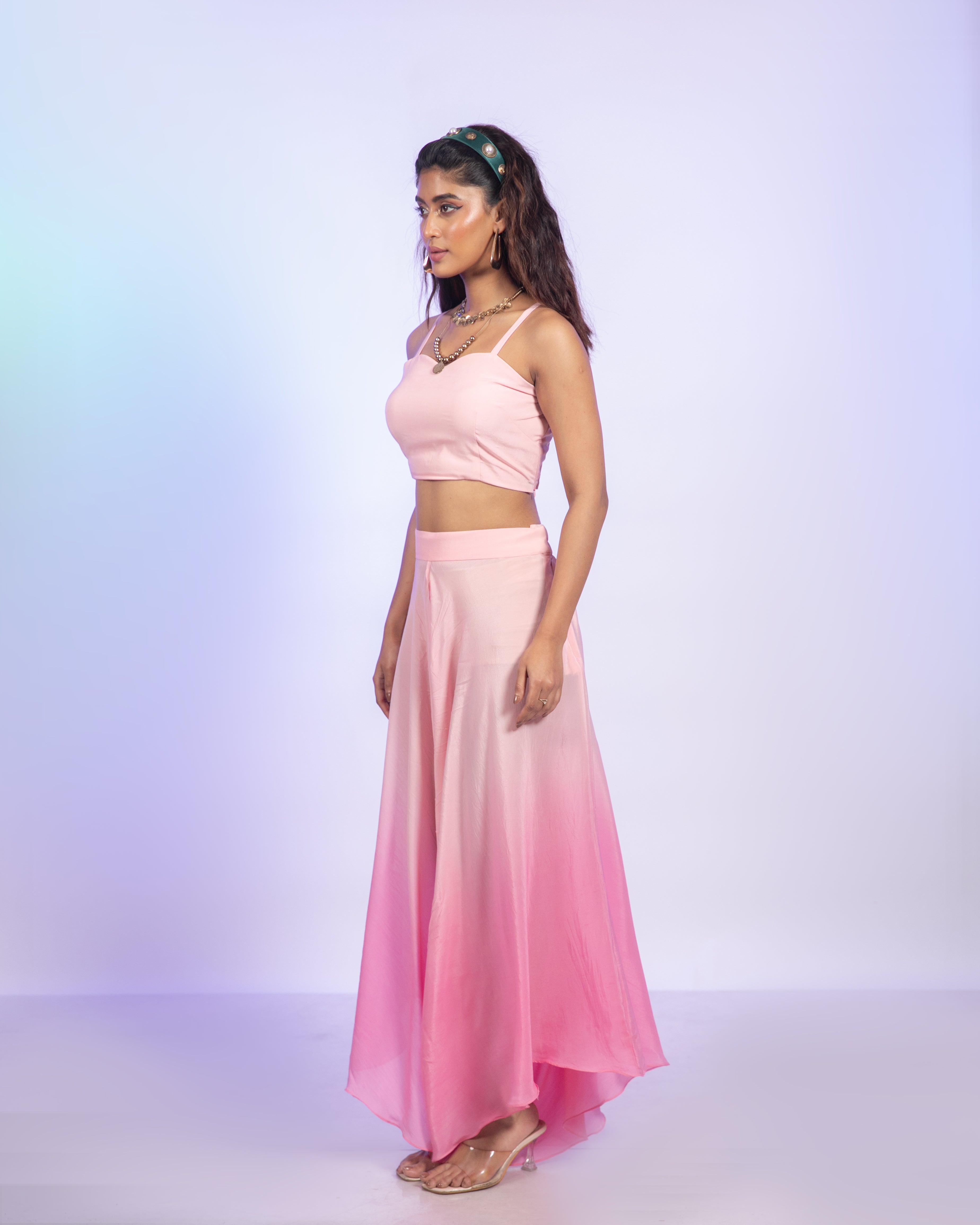 Pink Crepe Corset With Draped Pants Co-Ord Set