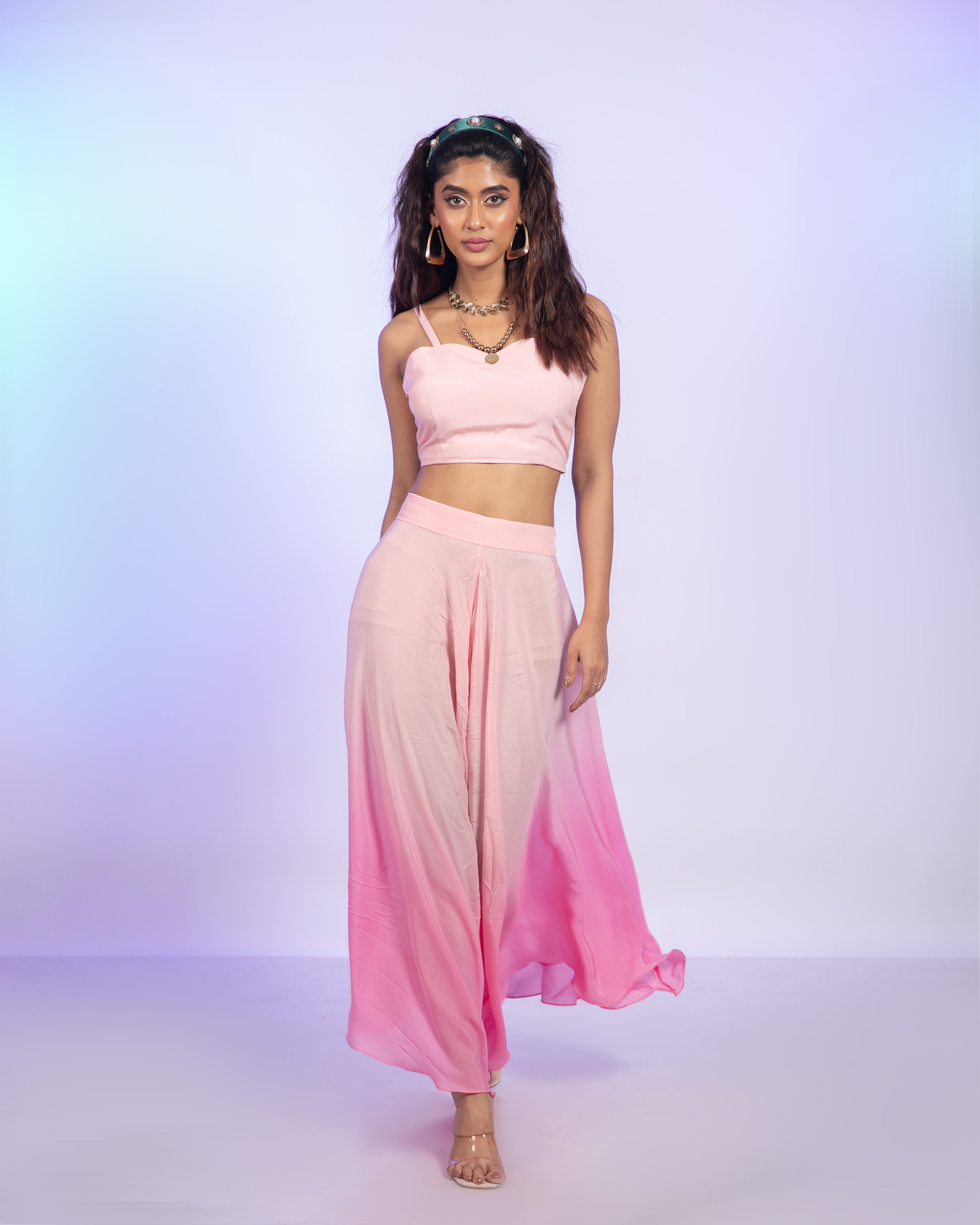 Pink Crepe Corset With Draped Pants Co-Ord Set